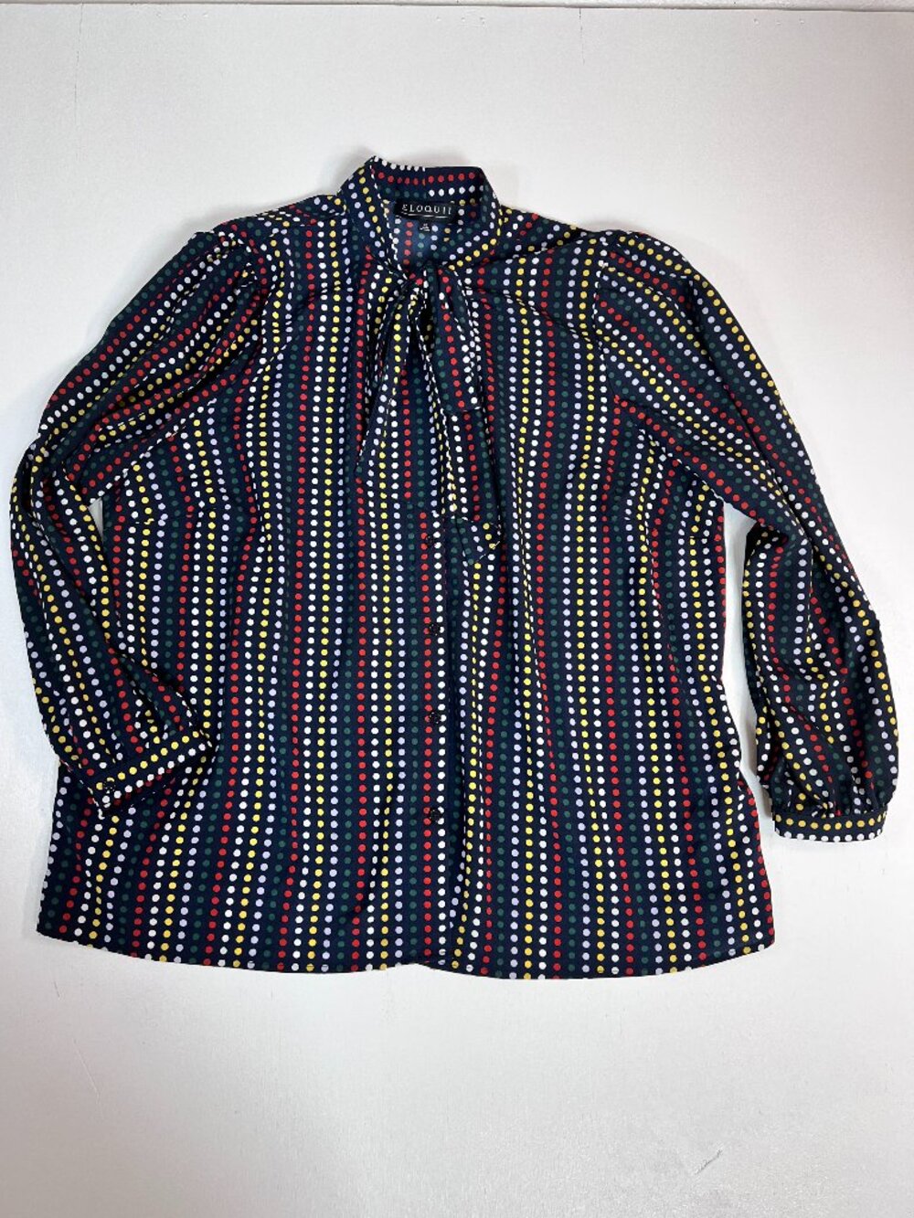 Eloquii Size 20 Navy Multicolor Polka Dot Tie Neck Puff Sleeve Blouse - Picture 2 of 10